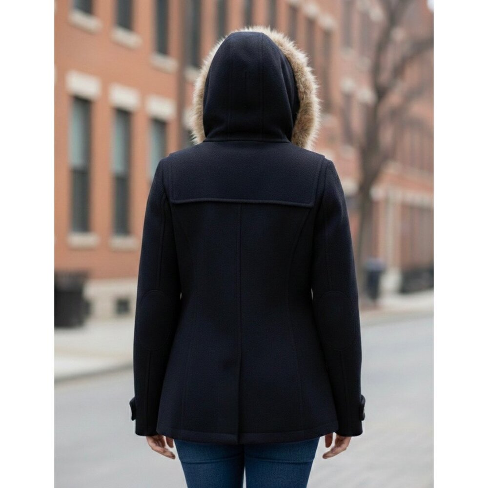 VTG Juicy Couture Black Wool Blend Faux Fur Trim Hooded Toggle Coat| Y2K Mobwife - Picture 6 of 16